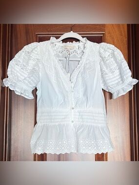 Jennifer & Grace White Eyelet Smocked Peplum Blouse Shirt Boho Top S Small